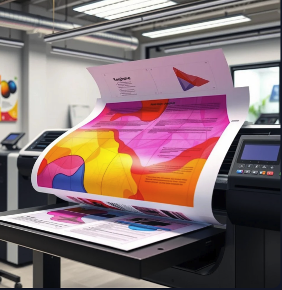 Grootformaat printer met kleurrijke print in een moderne drukwerkplaats
